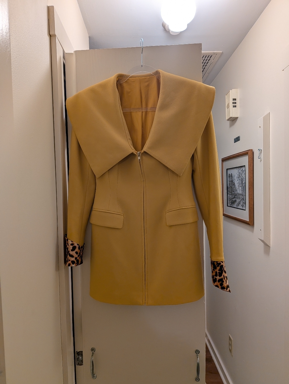 Ciao By Cc Yellow Zip Front Blazer Coat with Oversized Collar Leopard Cuff Small